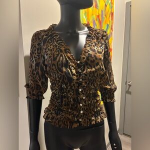 Paper Tee Brown Leopard Print Ruched Blouse